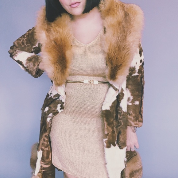 Vintage 70s RARE Cowhide Fur Trim Cuffs Coat S M L - Picture 5 of 8